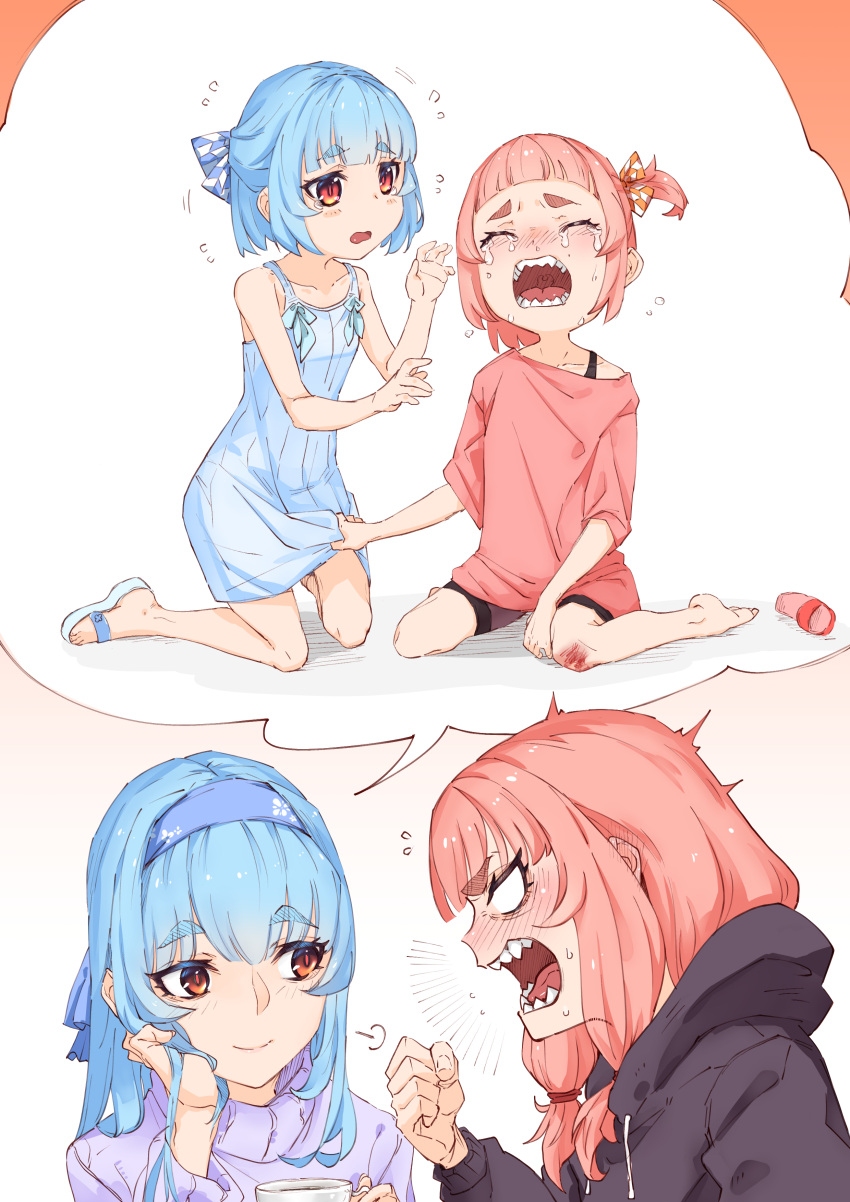 2girls =3 absurdres aged_down bike_shorts black_hoodie blank_eyes blue_hairband blunt_bangs blush bow clenched_hand closed_mouth clothes_grab commentary_request crying embarrassed enpera flustered flying_sweatdrops hair_bow hairband half_updo highres hood hoodie kotonoha_akane kotonoha_aoi long_hair multiple_girls multiple_views nose_blush off_shoulder one_side_up open_mouth out_of_character pink_shirt purple_sweater red_eyes remembering sandals scraped_knee sharp_teeth shiratama_(siratama5656) shirt short_hair short_sleeves shouting siblings single_bare_shoulder sisters smile spaghetti_strap spoken_character sweater tearing_up teeth thick_eyebrows turtleneck turtleneck_sweater voiceroid