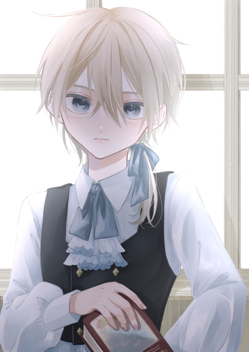1boy absurdres ascot black_vest blonde_hair blue_eyes blue_ribbon book closed_mouth collared_shirt formal hair_ribbon highres holding holding_book illumination ina_0038 long_sleeves low_side_ponytail male_child male_focus neck_ribbon original ribbon shirt solo vest white_shirt window