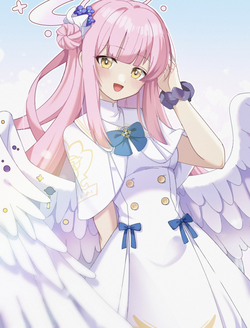1girl :d absurdres adjusting_hair angel_wings blue_archive blue_bow blunt_bangs bow capelet commentary_request dress feathered_wings flower frilled_dress frills gradient_background hair_bun hair_flower hair_ornament hair_scrunchie halo highres karaage_(xxxmido02) long_hair looking_at_viewer mika_(blue_archive) pink_hair school_uniform scrunchie sidelocks simple_background single_side_bun smile solo turtleneck_dress white_capelet white_dress white_wings wings wrist_scrunchie yellow_eyes