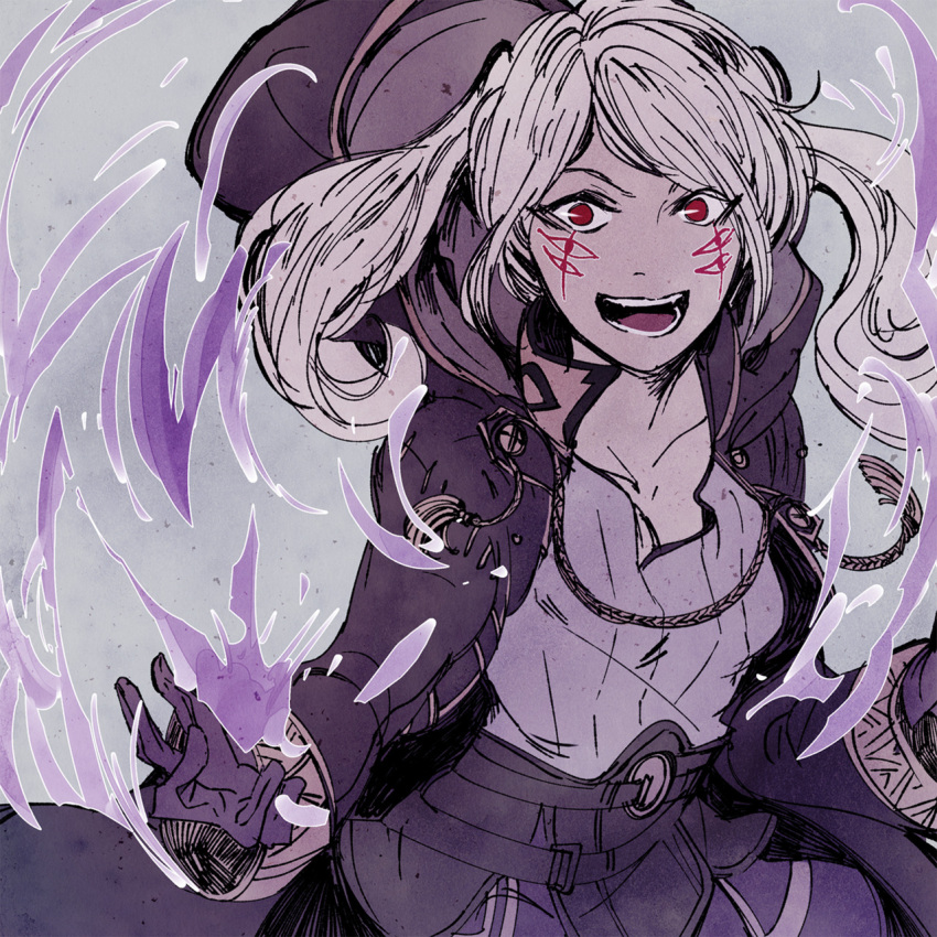 1girl belt evil_smile eyes_of_grima fire_emblem fire_emblem_awakening fire_emblem_heroes gloves grima_(fire_emblem) highres looking_at_viewer red_eyes robe robin_(female)_(fire_emblem) robin_(fire_emblem) smile spell twintails upper_body white_hair wizard xuanlulu
