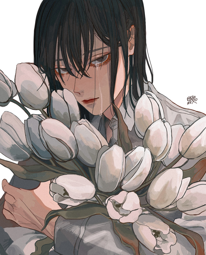 1boy bishounen black_hair bouquet brown_eyes closed_mouth commentary crying crying_with_eyes_open flower hair_between_eyes highres holding holding_bouquet holding_flower kagoya1219 long_hair looking_at_viewer male_focus medium_hair object_hug original shirt signature simple_background solo streaming_tears tears tulip upper_body white_background white_flower white_shirt white_tulip