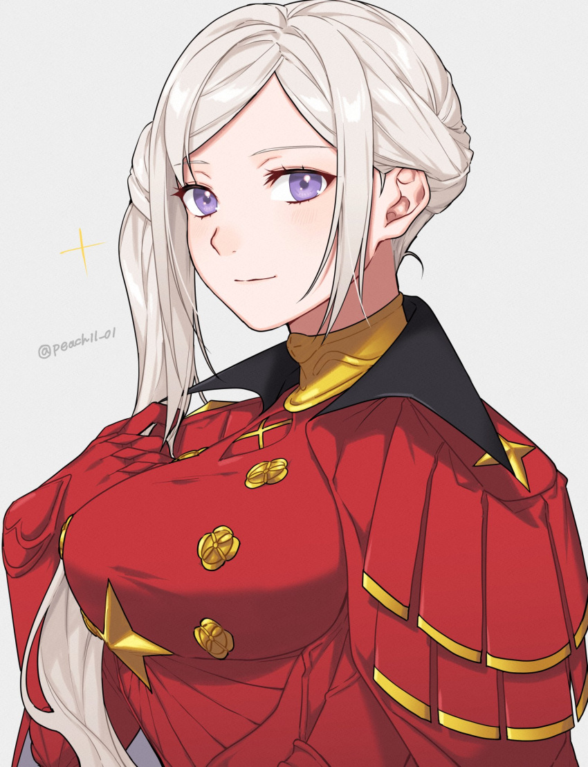 1girl breasts commentary_request dress edelgard_von_hresvelg fire_emblem fire_emblem:_three_houses gloves highres large_breasts long_hair looking_at_viewer official_alternate_hairstyle peach11_01 red_dress red_gloves side_ponytail smile solo violet_eyes white_hair