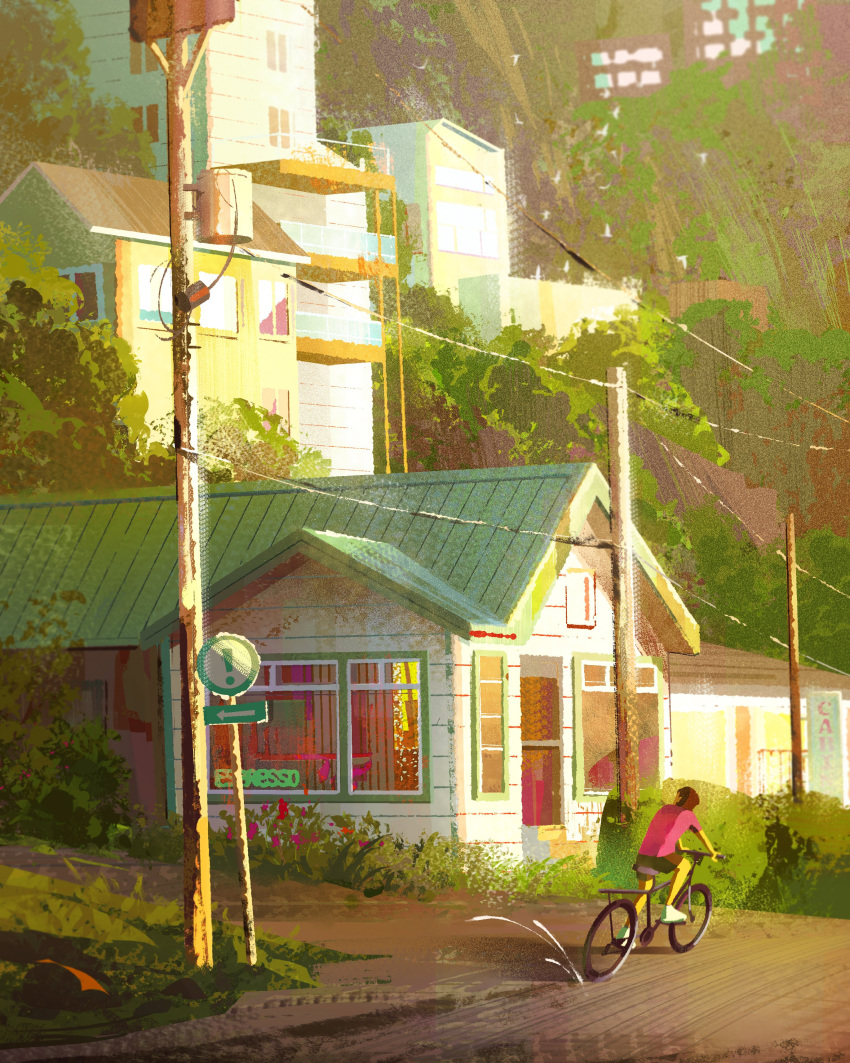 1boy absurdres bicycle black_shorts brown_hair building day english_commentary flower highres looking_at_object nature original outdoors pink_shirt plant riding riding_bicycle road road_sign shirt short_hair shorts sign splashing summer utility_pole yingshiart