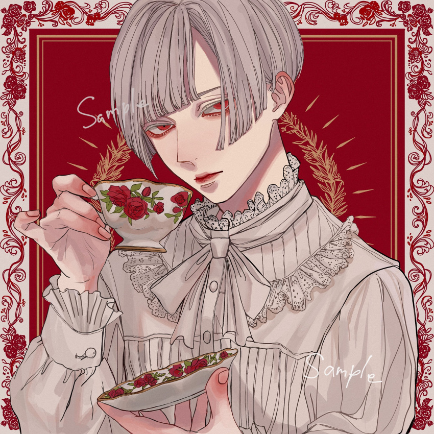 1boy albino bishounen blunt_bangs border buttoned_cuffs buttons closed_mouth cup fingernails floral_print framed frilled_shirt frills hand_up highres holding holding_cup holding_saucer kagoya1219 lace-trimmed_shirt lace_trim long_sleeves male_focus neck_ribbon original outside_border print_cup red_background red_eyes ribbon rose_print sample_watermark saucer shirt short_hair solo straight_hair teacup upper_body watermark white_border white_hair white_ribbon white_shirt