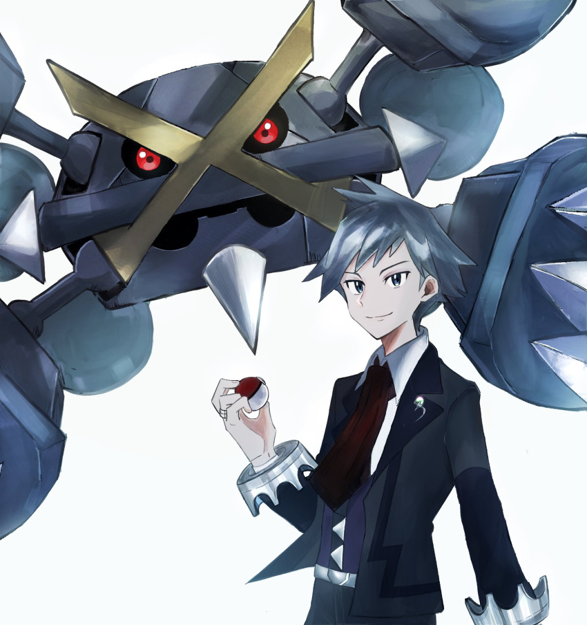 1boy black_jacket closed_mouth collared_shirt commentary_request grey_hair hand_up highres holding holding_poke_ball jacket jewelry kotan_(cho_mateyo) long_sleeves male_focus mega_metagross mega_pokemon metagross necktie poke_ball poke_ball_(basic) pokemon pokemon_(game) pokemon_oras ring shirt short_hair simple_background smile spiky_hair steven_stone vest white_background white_shirt