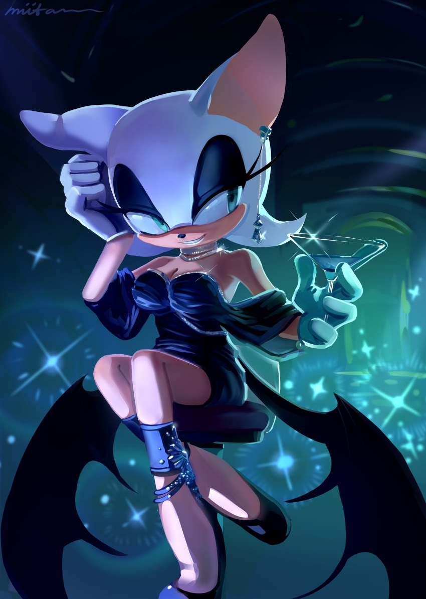 1girl absurdres alternate_costume artist_name bat_wings black_dress black_footwear cocktail_glass cup dress drinking_glass furry furry_female gloves highres holding holding_cup miitara rouge_the_bat solo sonic_(series) watermark white_gloves wings