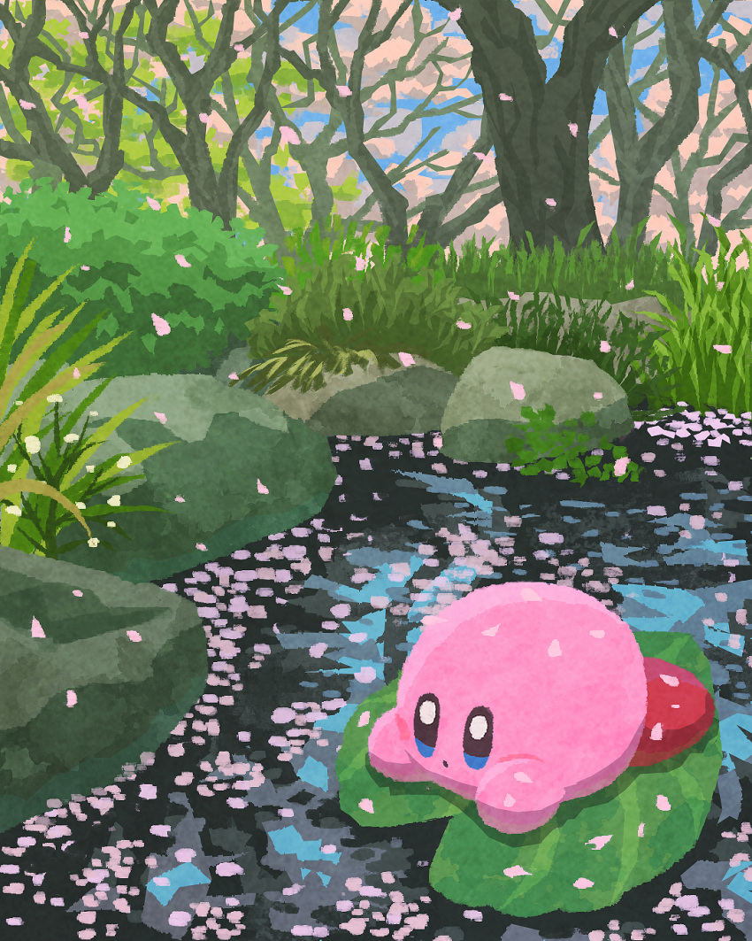 :o bare_tree blue_eyes blue_sky blush blush_stickers bush closed_mouth clouds cloudy_sky commentary_request day falling_petals forest grass highres kirby kirby_(series) leaf lying miclot nature no_humans on_stomach outdoors petals plant pond rock sky solo tree water
