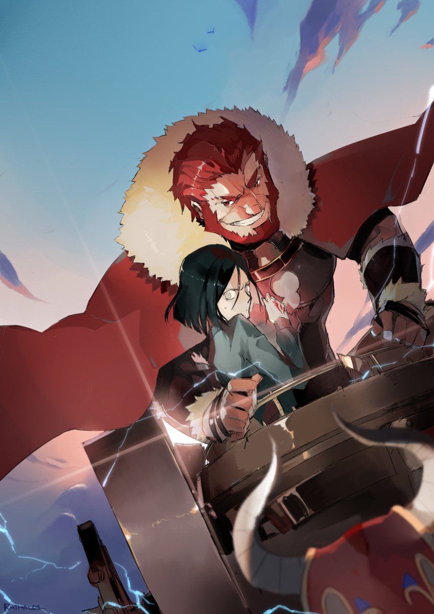 2boys absurdres armor beard black_hair bull cape chariot command_spell facial_hair fate/grand_order fate_(series) flying fur-trimmed_cape fur_trim grey_shirt highres iskandar_(fate) long_sideburns lord_el-melloi_ii_case_files male_focus mature_male multiple_boys muscular muscular_male rathalosx4 red_cape red_eyes redhead riding shirt short_hair sideburns signature smile waver_velvet wide-eyed