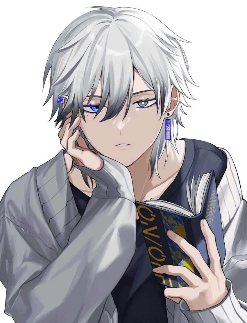 1boy absurdres black_shirt blue_eyes book cardigan cardigan_partially_removed earrings gradient_hair grey_cardigan grey_eyes grey_hair head_rest heterochromia highres holding holding_book iyo_(iyoo) jewelry male_focus mole mole_under_eye multicolored_hair open_cardigan open_clothes original parted_lips shirt teeth white_background white_hair