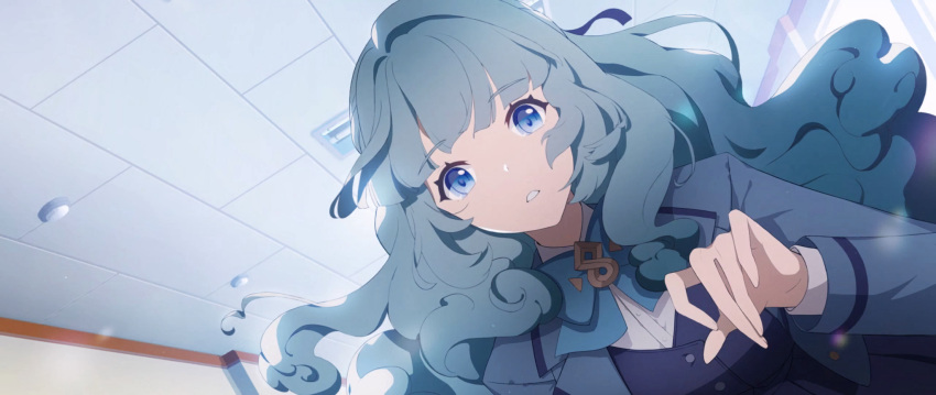 artist_request blazer blue_bow blue_eyes blue_hair blue_jacket blue_vest bow bowtie cloud_hair curly_hair eversoul game_cg hallway highres jacket long_hair looking_at_viewer non-web_source official_alternate_costume official_alternate_hairstyle official_art open_clothes open_jacket parted_lips school school_uniform shirt tagme third-party_source upper_body vest white_shirt yuria_(eversoul)