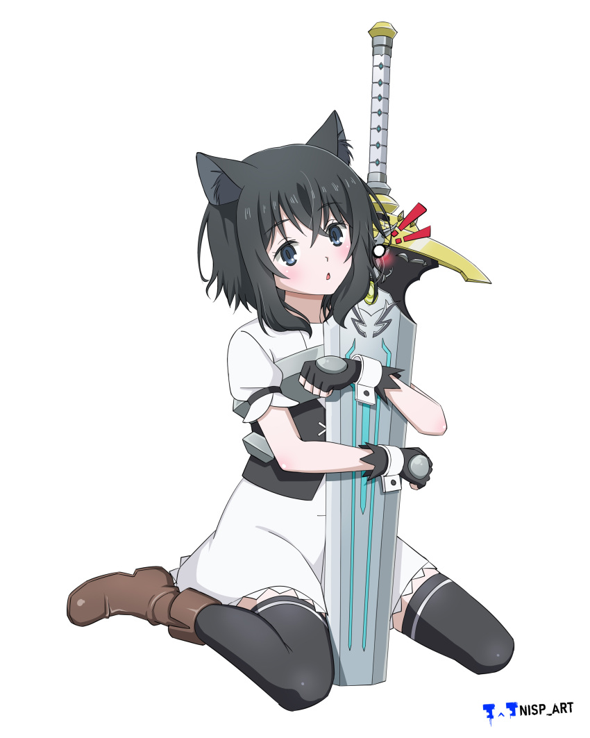 1girl 1other :o absurdres animal_ears artist_name black_gloves black_hair blue_eyes blush boots brown_footwear cat_ears cat_girl chest_armor child dress female_child fingerless_gloves fran_(tensei_shitara_ken_deshita) full_body gloves highres holding holding_sword holding_weapon huge_weapon living_weapon looking_at_viewer nisp_art on_ground parted_lips planted planted_sword shishou_(tensei_shitara_ken_deshita) short_hair short_sleeves simple_background sitting sword tensei_shitara_ken_deshita thigh-highs unsheathed wariza weapon white_background white_dress wrist_cuffs