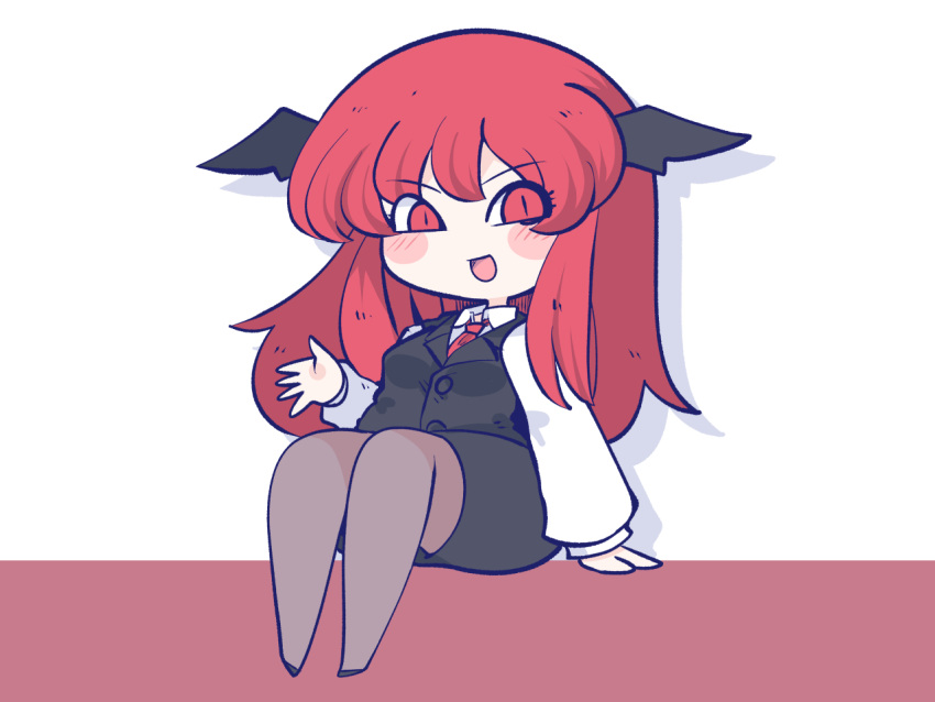 1girl :d arm_support black_skirt black_vest breasts chahan_(fried_rice0614) chibi commentary_request full_body hand_up head_wings koakuma long_hair necktie open_mouth pantyhose red_eyes red_necktie redhead simple_background sitting skirt skirt_set slit_pupils small_breasts smile solo touhou vest white_background wing_collar wings