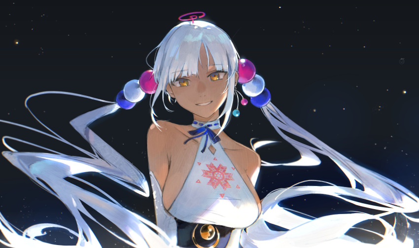 1girl absurdres blue_ribbon breasts choker dark-skinned_female dark_skin earrings elbow_gloves gloves hair_ornament highres hololive hololive_english jewelry large_breasts limiter_(tsukumo_sana) long_hair looking_at_viewer lucadark_art night night_sky planet_hair_ornament ribbon sideboob sky sleeveless smile solo star_(sky) starry_sky teeth tsukumo_sana twintails upper_body very_long_hair virtual_youtuber white_choker white_gloves white_hair yellow_eyes