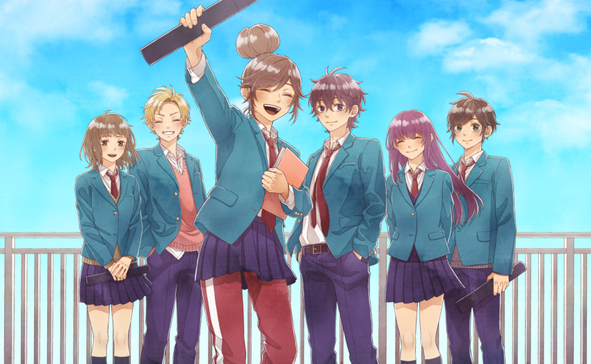 3boys 3girls aida_miou arms_behind_back belt belt_buckle black_belt black_socks black_sweater blonde_hair blue_pants blue_skirt blue_sky book breast_pocket brown_eyes brown_hair brown_sweater buckle closed_eyes closed_mouth clouds collared_shirt crossed_bangs day diploma enomoto_natsuki facing_viewer feet_out_of_frame floating_hair grin hair_between_eyes hair_bun hands_in_pockets hayasaka_akari holding holding_book holding_diploma honeyworks jacket kneehighs kokuhaku_jikkou_iinkai lapels layered_clothes lens_koshi_no_keshiki_(honeyworks) long_hair long_sleeves looking_at_viewer loose_necktie mochizuki_souta multiple_boys multiple_girls necktie notched_lapels object_request open_clothes open_collar open_jacket open_mouth outdoors outstretched_arm own_hands_together pants pants_under_skirt parted_hair partially_unbuttoned pink_sweater pleated_skirt pocket purple_hair railing red_necktie red_pants serizawa_haruki setoguchi_yuu shirt shirt_tucked_in short_hair single_hair_bun single_stripe skirt sky smile socks standing striped sweater swept_bangs tamakingx422x teeth track_pants unbuttoned unkempt v-neck v_arms wavy_hair white_shirt white_stripes wind