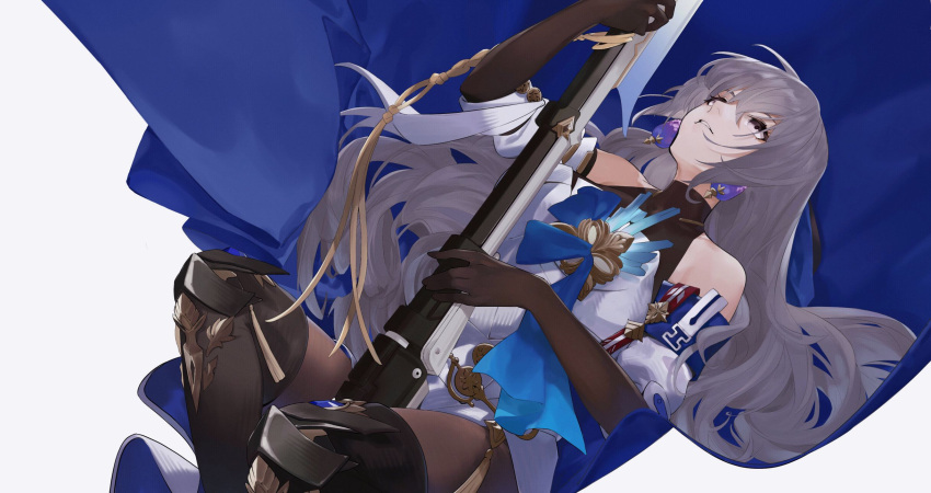 1girl bare_shoulders black_footwear black_gloves black_pantyhose boots bronya_rand commentary detached_sleeves dress dutch_angle earrings elbow_gloves english_commentary feet_out_of_frame gloves grey_eyes grey_hair highres holding honkai:_star_rail honkai_(series) igawa_hikaru jewelry long_hair looking_up pantyhose parted_lips solo thigh_boots white_background white_dress
