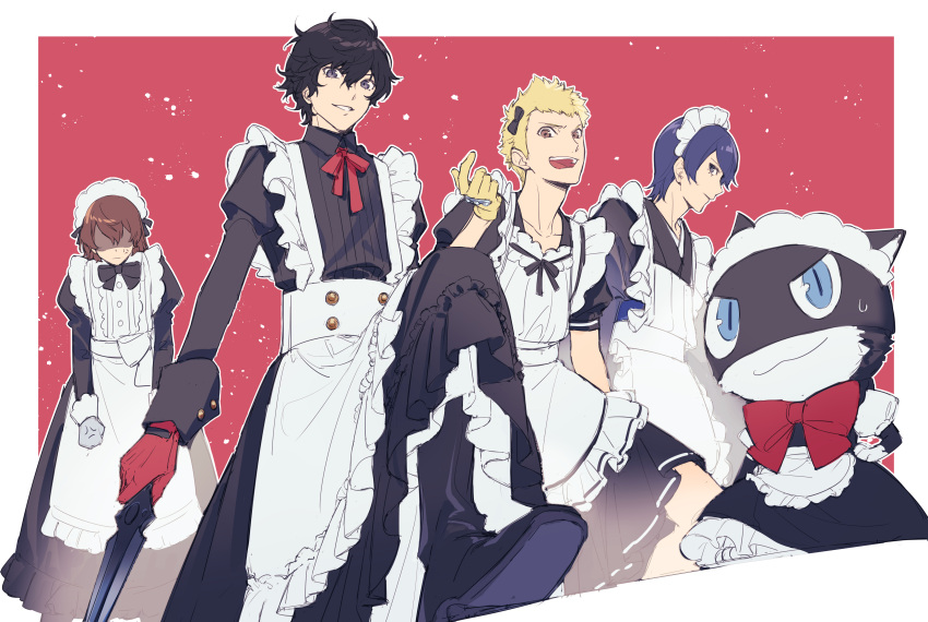 4boys absurdres akechi_gorou alternate_costume amamiya_ren anger_vein apron black_bow black_bowtie black_dress black_eyes black_footwear black_hair black_kimono blonde_hair blue_eyes blue_hair boots bow bowtie brown_eyes closed_mouth commentary_request dress enmaided gloves grey_gloves grin hair_between_eyes highres holding holding_knife holding_weapon japanese_clothes kimono kitagawa_yuusuke knife long_sleeves looking_at_viewer maid maid_apron maid_day maid_headdress male_focus messy_hair morgana_(persona_5) multiple_boys neck_ribbon open_mouth persona persona_5 profile puffy_short_sleeves puffy_sleeves red_bow red_bowtie red_gloves red_ribbon ribbon sakamoto_ryuuji shaded_face short_hair short_sleeves smile sweatdrop teeth tsubsa_syaoin weapon white_apron yellow_gloves