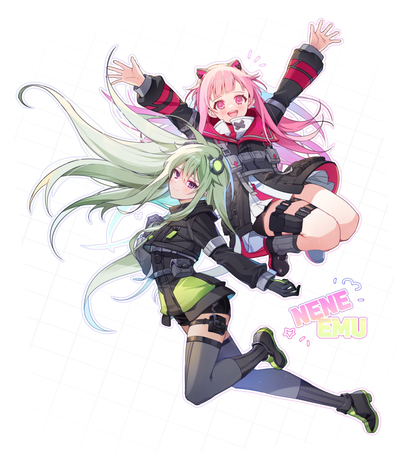 2girls absurdres animal_ears black_footwear black_jacket black_shorts black_thighhighs boots cat_ears character_name close_game/offline_(project_sekai) closed_mouth dress green_hair highres jacket kusanagi_nene long_hair long_sleeves looking_at_viewer mechanical_ears multiple_girls ootori_emu open_mouth pink_eyes pink_hair project_sekai sha_(nz2) shorts simple_background smile thigh-highs thigh_strap very_long_hair violet_eyes white_background white_dress
