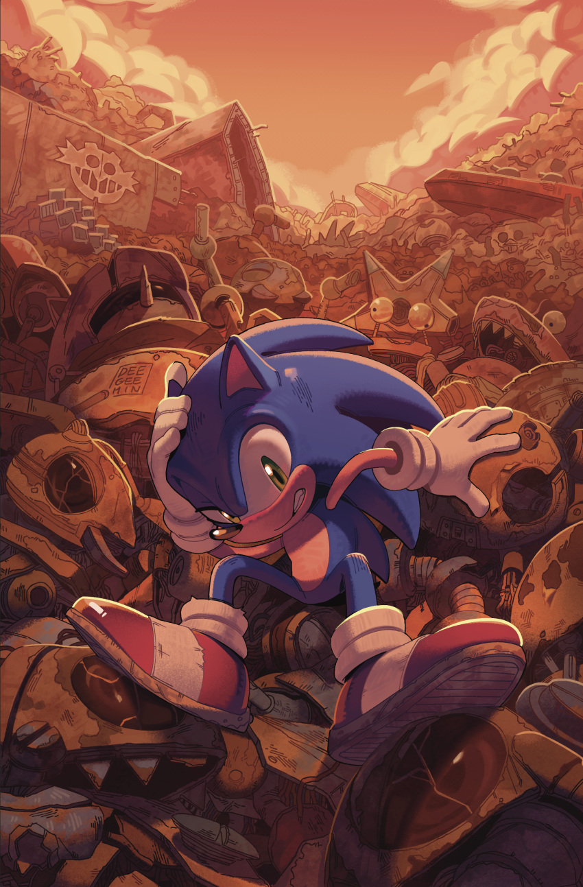 1boy absurdres digimin gloves green_eyes highres junk looking_at_viewer mechanical_arms orange_sky outdoors rust shoes sitting sky solo sonic_(series) sonic_the_hedgehog sunset white_gloves