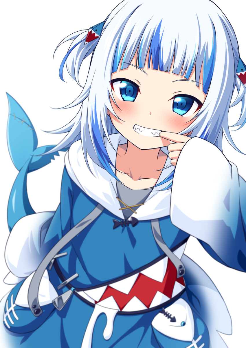 1girl blue_eyes blue_hair blue_hoodie blush cheek_pull commentary_request drawstring fins fish_tail gawr_gura gawr_gura_(1st_costume) grey_hair grin hair_ornament highres hololive hololive_english hood hood_down hoodie long_sleeves looking_at_viewer multicolored_hair shark_tail sharp_teeth simple_background sleeves_past_wrists smile solo streaked_hair tail teeth two_side_up ugume virtual_youtuber white_background wide_sleeves