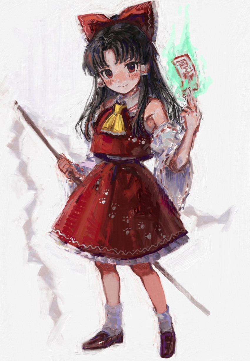 1girl ascot b_nosk101 bare_shoulders black_hair blush bow brown_footwear closed_mouth detached_sleeves full_body gohei hair_bow hair_tubes hakurei_reimu highres holding holding_gohei japanese_clothes long_hair nontraditional_miko ofuda red_bow red_eyes red_skirt ribbon-trimmed_sleeves ribbon_trim shoes sidelocks simple_background skirt smile socks solo touhou unfinished_dream_of_all_living_ghost white_background white_sleeves white_socks wide_sleeves yellow_ascot