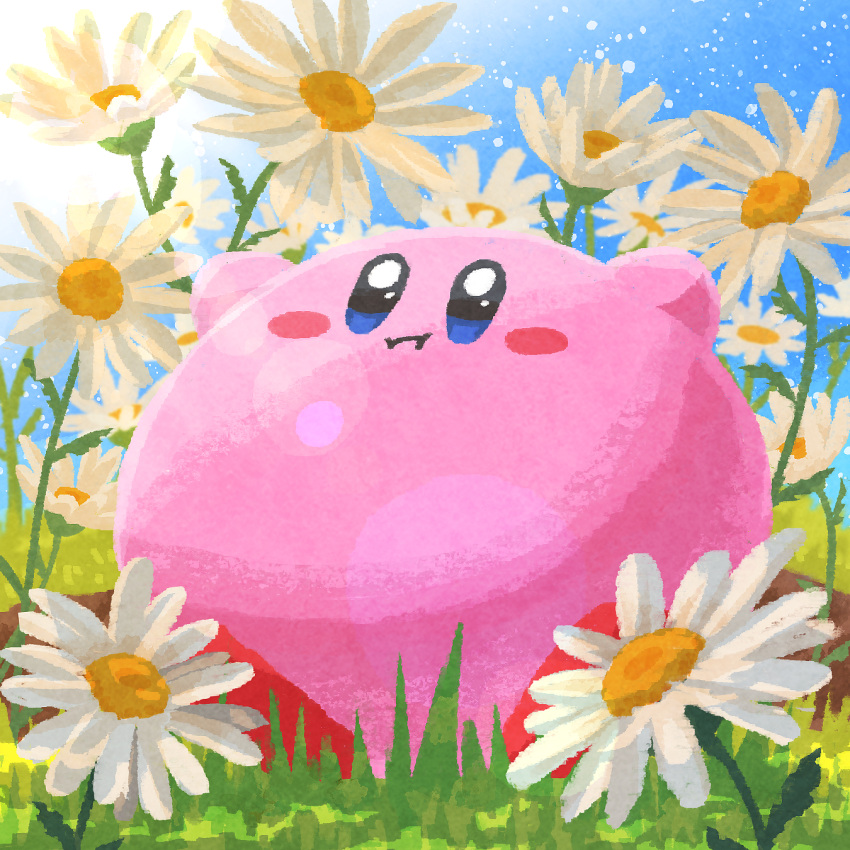 :i arms_up blue_eyes blue_sky blush blush_stickers closed_mouth clouds commentary_request day flower flower_request grass highres kirby kirby_(series) lens_flare miclot no_humans outdoors plant sitting sky solo sun sunlight white_flower