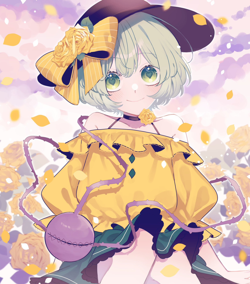 1girl bare_shoulders black_headwear bow closed_mouth commentary_request falling_petals feet_out_of_frame flower green_eyes green_shirt hat hat_bow hat_flower heart heart-shaped_pupils highres koishi_day komeiji_koishi lace-trimmed_shirt lace_trim light_green_hair looking_at_viewer off-shoulder_shirt off_shoulder petals puffy_short_sleeves puffy_sleeves rose shirt short_hair short_sleeves sitting smile solo symbol-shaped_pupils third_eye toraneko_2 touhou yellow_bow yellow_flower yellow_rose yellow_shirt