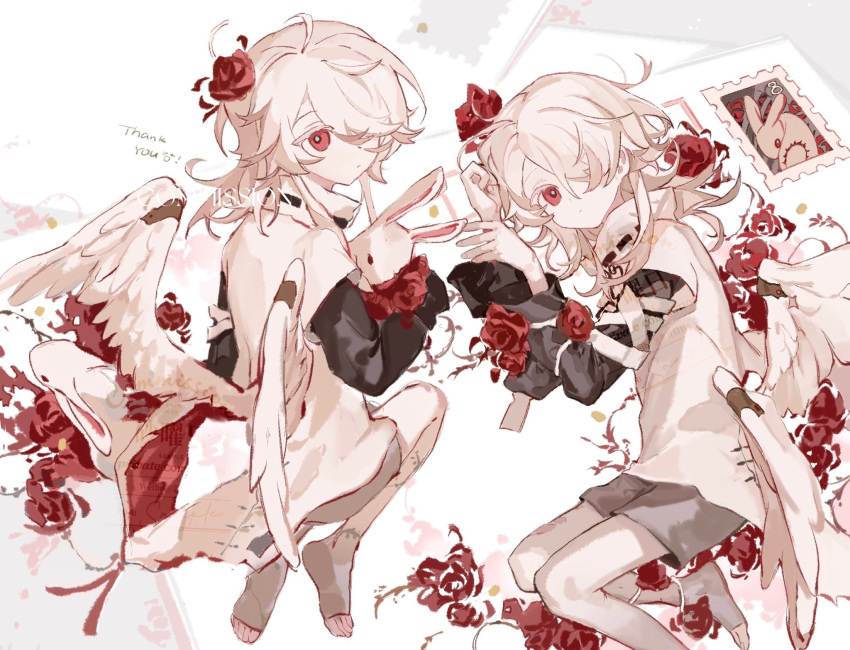 2others bandaid bare_legs brown_shorts commission flower gelili366 hair_flower hair_ornament hair_over_one_eye highres long_hair long_sleeves looking_at_viewer low_wings multiple_others original patchwork_skin red_eyes red_flower red_rose rose shorts white_hair white_rabbit_(animal) white_wings wings