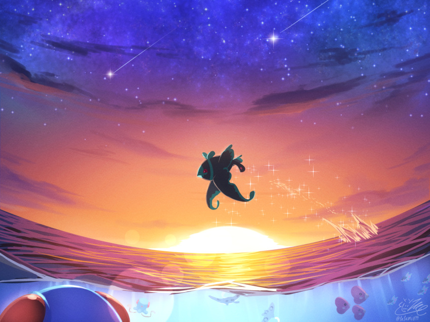 clouds commentary_request fish highres lens_flare lumineon luvdisc mantine no_humans outdoors partially_underwater_shot pokemon pokemon_(creature) shooting_star signature sky sparkle sunset tatsumi_(panneko) tentacool twilight water