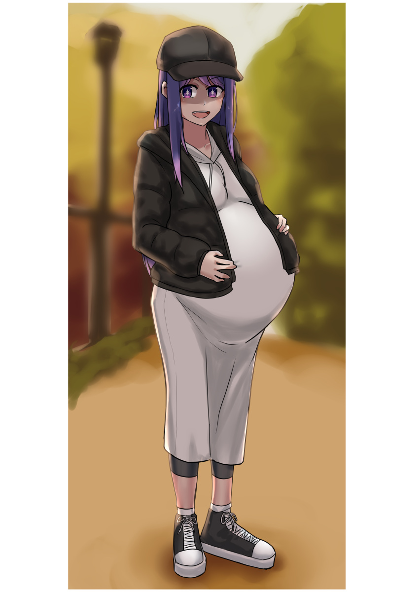 absurdres bike_shorts blurry blurry_background dress full_body garylin hand_on_own_stomach hat highres hoshino_ai_(oshi_no_ko) jacket long_dress long_sleeves looking_at_viewer mother's_day oshi_no_ko pregnant purple_hair shoes solo standing star-shaped_pupils star_(symbol) symbol-shaped_pupils violet_eyes