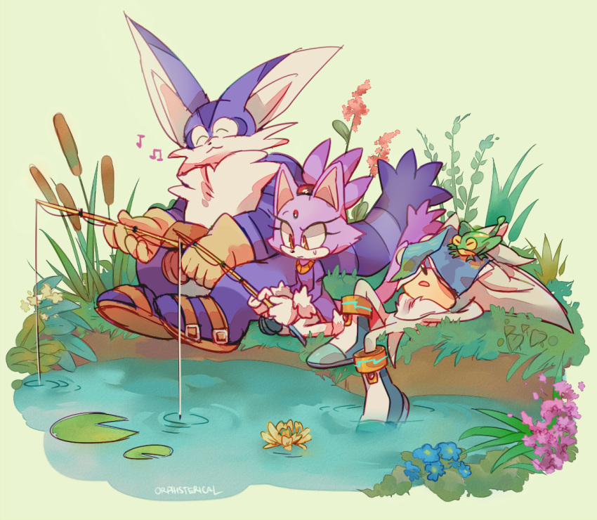 big_the_cat blaze_the_cat blue_flower book book_on_head closed_eyes fishing fishing_rod flower froggy_(sonic) furry furry_female furry_male grass holding holding_fishing_rod object_on_head open_book open_mouth orphisterical outdoors pink_flower silver_the_hedgehog sitting sonic_(series) water yellow_flower