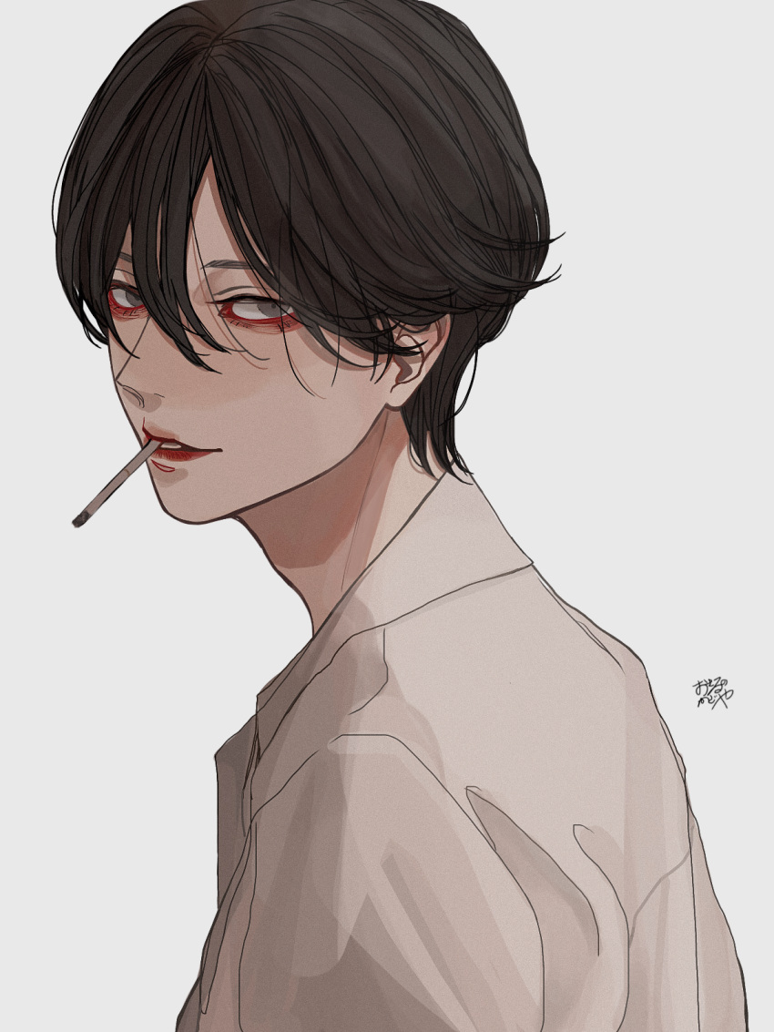 1boy black_hair brown_eyes cigarette commentary from_side hair_between_eyes highres kagoya1219 looking_at_viewer looking_to_the_side male_focus original parted_lips sanpaku shirt short_hair signature simple_background smoking solo upper_body white_background white_shirt