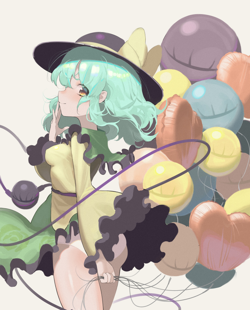 1girl absurdres aqua_eyes balloon black_headwear blouse blush bow closed_mouth eyeball floral_print frilled_shirt_collar frilled_skirt frilled_sleeves frills from_behind green_skirt hand_on_own_cheek hand_on_own_face hat hat_bow hat_ribbon heart heart_of_string highres holding holding_balloon koishi_day komeiji_koishi long_sleeves looking_at_viewer medium_hair panties ribbon rose_print shirt simple_background skirt smile solo third_eye touhou underwear wavy_hair white_panties wide_sleeves xinjinjumin yellow_bow yellow_eyes yellow_ribbon yellow_shirt