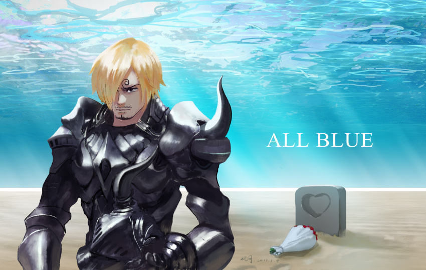 1boy armor asymmetrical_bangs black_armor blonde_hair bouquet closed_mouth curly_eyebrows english_text facial_hair grave hair_over_one_eye heart highres male_focus narcissus111 one_piece sanji_(one_piece) short_hair signature solo tombstone underwater water
