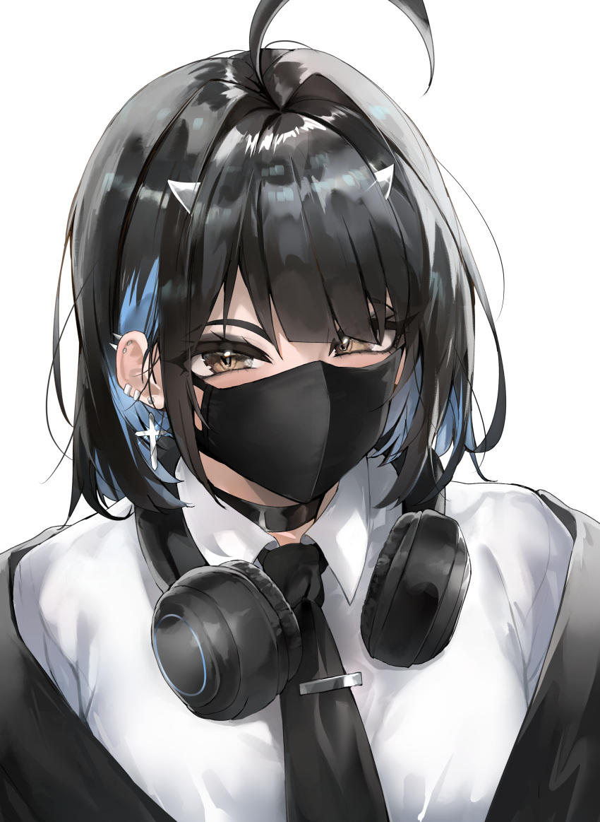 1girl absurdres ahoge black_choker black_hair black_mask black_necktie choker commentary cross cross_earrings ear_piercing earrings english_commentary hair_ornament hairclip headphones headphones_around_neck highres irene_(kanniiepan) jewelry kanniiepan looking_at_viewer mask mouth_mask necktie original piercing shirt short_hair solo upper_body white_shirt