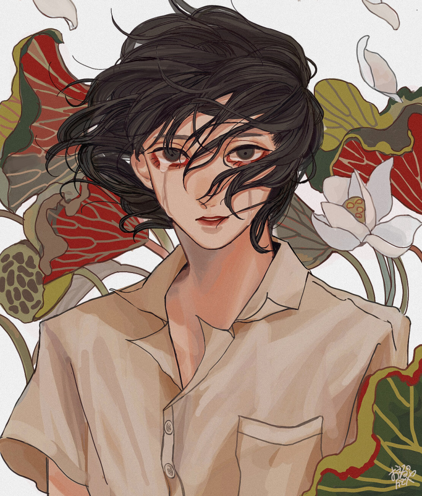 1boy bishounen black_eyes black_hair breast_pocket buttons closed_mouth collared_shirt commentary_request crying crying_with_eyes_open flower highres kagoya1219 looking_at_viewer lotus male_focus original petals pocket shirt short_hair short_sleeves signature solo streaming_tears tears upper_body white_background white_flower white_shirt wind