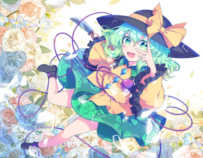 1girl black_footwear black_headwear blouse boots bow bright_pupils buttons diamond_button eyeball floral_print flower frilled_shirt_collar frilled_sleeves frills full_body green_eyes green_skirt hat hat_bow hat_ribbon heart heart_of_string highres holding holding_knife kaoling knife komeiji_koishi light_green_hair long_sleeves looking_at_viewer medium_hair open_mouth ribbon rose rose_print shirt skirt smile solo sparkle third_eye touhou wavy_hair wide_sleeves yellow_bow yellow_ribbon yellow_shirt