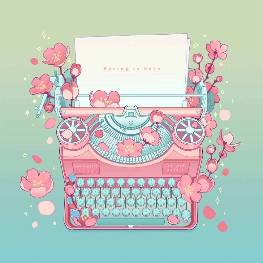 animated animated_gif artist_name blue_background cherry_blossoms english_text flower gradient_background highres no_humans object_focus original paper pink_flower simple_background snowlattes sparkle still_life typewriter