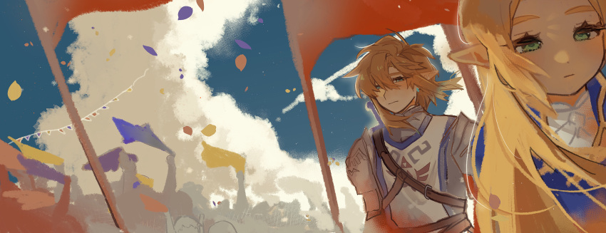 1boy 1girl :| absurdres armor blonde_hair blue_eyes blue_sky closed_mouth clouds commentary confetti crowd day eyelashes flag floating_hair garland_(decoration) green_eyes hair_between_eyes highres link long_hair medium_hair outdoors pointy_ears princess_zelda shanodesu sky soldier's_set_(zelda) symbol-only_commentary the_legend_of_zelda the_legend_of_zelda:_breath_of_the_wild triforce