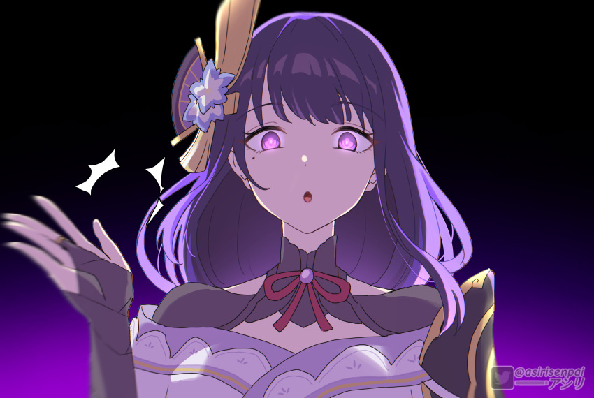 1girl :o absurdres armor asiri_senpai blunt_bangs bridal_gauntlets commentary english_commentary genshin_impact hair_ornament highres japanese_clothes long_hair long_sleeves looking_at_viewer mitsudomoe_(shape) mole mole_under_eye parted_lips portrait purple_background purple_hair raiden_shogun shoulder_armor sidelocks simple_background solo tomoe_(symbol) violet_eyes wide_sleeves