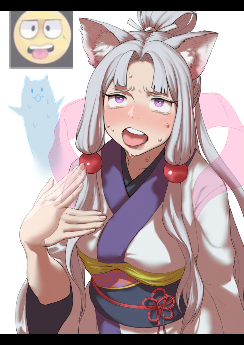 1girl absurdres afterimage animal_ears blush collarbone commentary_request emoji fanning_self flower_knot fox_ears fox_girl furrowed_brow ghost grey_hair hagoromo hand_up high_ponytail highres hot japanese_clothes kimono letterboxed long_hair long_sleeves multiple_sources nhk_(voiceroid) nose_blush obi obijime open_mouth parted_bangs reference_inset rolling_eyes sash shawl sidelocks simple_background solo sweat tmasyumaro tongue tongue_out touhoku_itako upper_body violet_eyes voiceroid white_background white_kimono wide_sleeves
