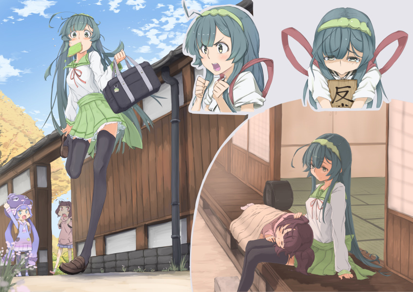 3girls absurdres adjusting_footwear ahoge alternate_costume architecture arm_support bag black_pantyhose black_thighhighs blanket blue_dress blue_hair blue_sky blush clenched_hands clouds commentary_request day dress east_asian_architecture eel_hat food food_in_mouth furrowed_brow gradient_dress green_hair green_hairband green_sailor_collar green_skirt grey_background hairband hands_up highres holding holding_bag hood hood_down hoodie japanese_clothes kimono lap_pillow loafers long_hair long_sleeves mouth_hold multiple_girls multiple_views otomachi_una otomachi_una_(talkex) outdoors pantyhose pink_dress pink_hoodie pleated_skirt pout raised_eyebrows sailor_collar school_bag school_uniform serafuku shiratama_(siratama5656) shirt shoes short_sleeves shouji sign sign_around_neck sitting skirt sky sleeping sliding_doors talkex tasuki tatami tearing_up thigh-highs toast toast_in_mouth touhoku_kiritan touhoku_zunko veranda very_long_hair vocaloid voiceroid white_kimono white_shirt yellow_eyes