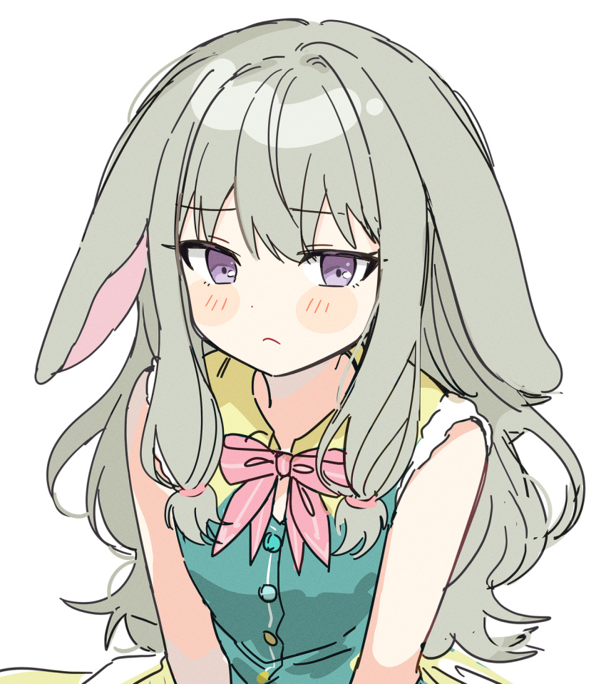 1girl animal_ears blush bow bowtie buttons closed_mouth embarrassed floppy_ears frown green_hair green_vest highres kusanagi_nene long_hair looking_at_viewer low_tied_sidelocks pink_bow pink_bowtie pjmiyo project_sekai rabbit_ears sidelocks simple_background solo upper_body vest violet_eyes white_background