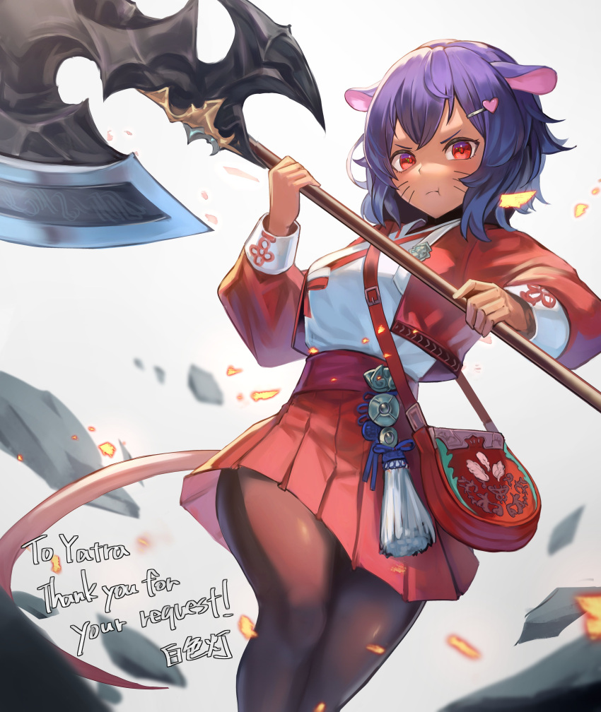 1girl absurdres animal_ears axe battle_axe black_pantyhose blush breasts commission dark-skinned_female dark_skin facial_mark hair_ornament hairclip hakusyokuto highres holding holding_axe holding_weapon huge_weapon indie_virtual_youtuber long_sleeves looking_at_viewer medium_breasts medium_hair mouse_ears mouse_girl mouse_tail pantyhose pleated_skirt purple_hair red_eyes red_skirt skeb_commission skirt tail tassel virtual_youtuber weapon whisker_markings yatra_(vtuber)
