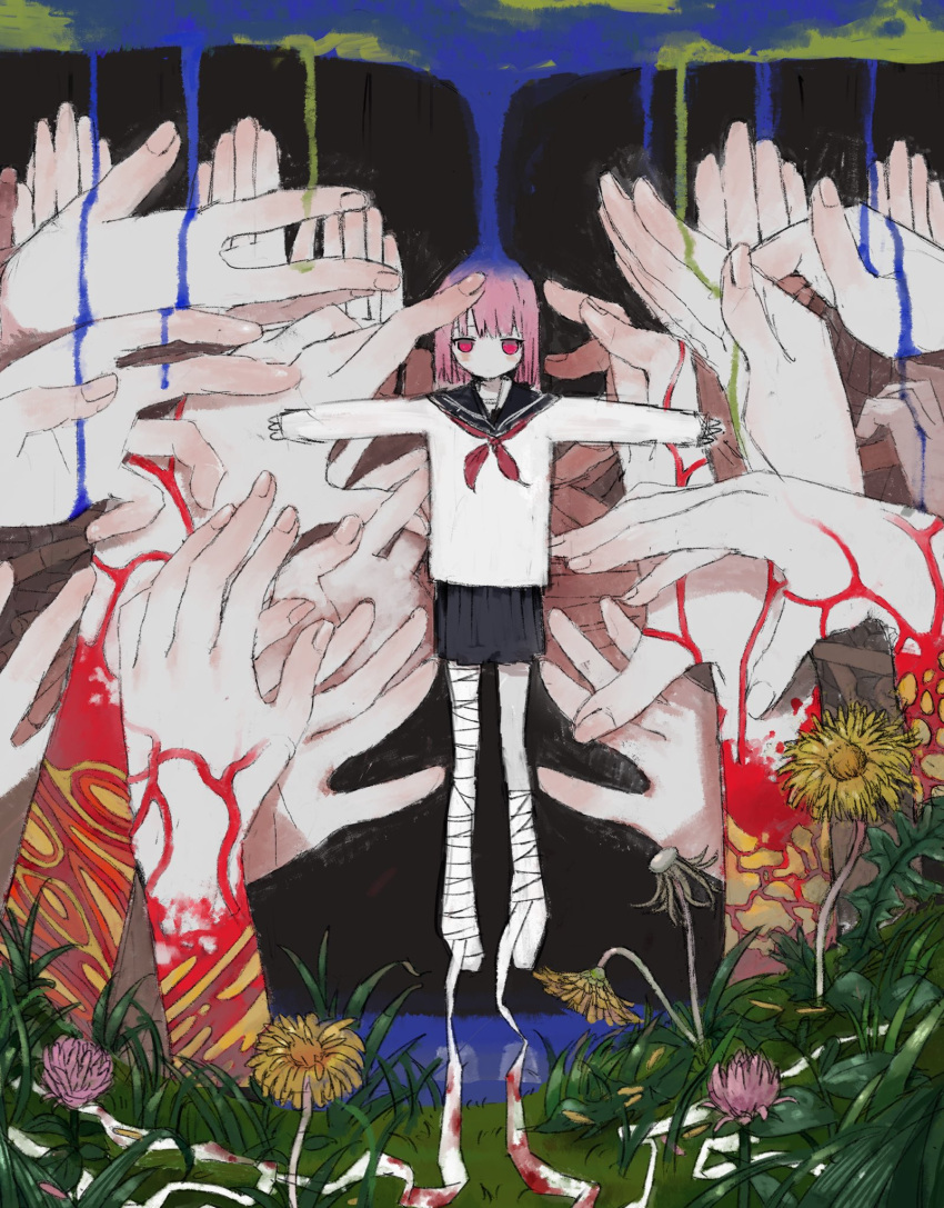 1girl bandaged_leg bandages black_sailor_collar black_skirt blood blood_on_bandages bob_cut brutal_vap dandelion disembodied_limb dripping floating flower grass hand_gesture highres neckerchief no_mouth original outstretched_arms pink_hair plant pleated_skirt red_eyes red_neckerchief reflection reflective_water sailor_collar school_uniform serafuku shirt short_hair skirt sleeves_past_wrists solo_focus spread_arms surreal too_many_hands white_shirt wide_shot yellow_flower