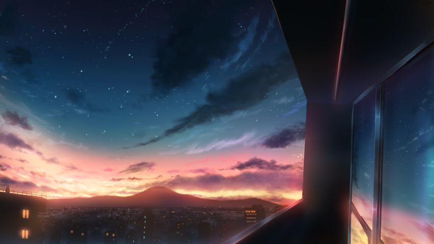 balcony building city city_lights cityscape clouds commentary_request evening highres house ldm1334593244 mountain mountainous_horizon no_humans original reflection scenery sketch sky star_(sky) sunset twilight window
