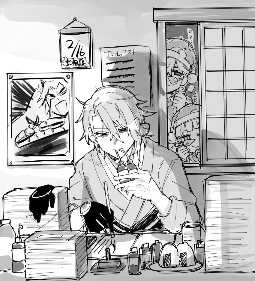 1girl 2boys arataki_itto bad_id bad_twitter_id brother_and_sister calligraphy_brush dated energy_drink exhausted food genshin_impact greyscale hekehekebun highres indoors ink_stamp japanese_clothes kamisato_ayaka kamisato_ayato kimono long_hair looking_down messy_hair monochrome multiple_boys onigiri paintbrush paper paper_stack siblings sleep_bubble sleeping sliding_doors thoma_(genshin_impact) working writing zzz