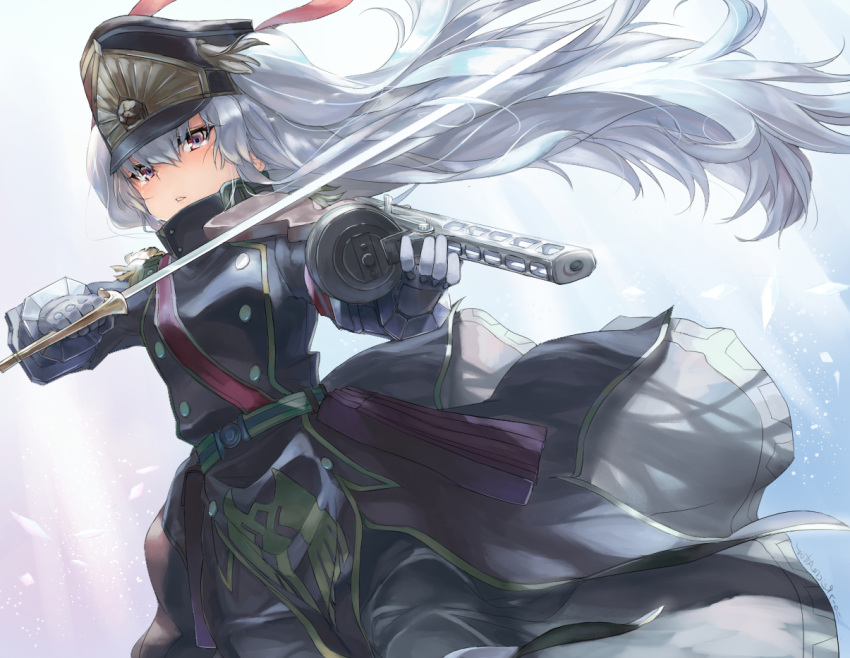 1girl altair_(re:creators) cropped_legs epaulettes gauntlets gloves gun hair_between_eyes hat holding jacket light_rays long_hair looking_at_viewer metal_gloves military military_hat military_jacket military_uniform ppsh-41 re:creators red_eyes ribbon rr_(realreal) saber_(weapon) shako_cap sidelocks skirt solo submachine_gun sunbeam sunlight sword tearing_up tears uniform very_long_hair weapon white_hair