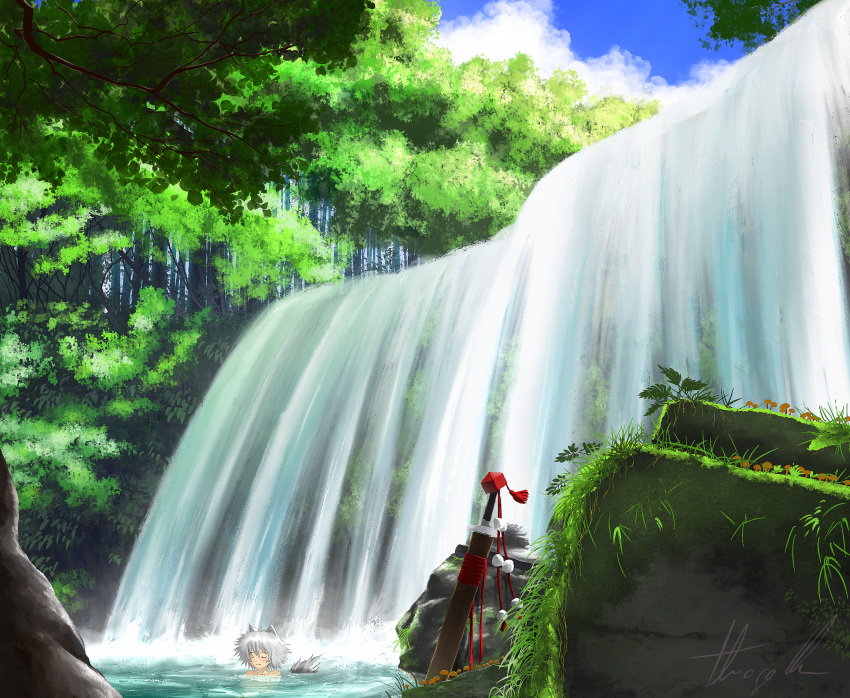 1girl animal_ears blue_sky closed_eyes closed_mouth clouds commentary commentary_request forest grass grey_hair highres inubashiri_momiji nature oubachiago partial_commentary pom_pom_(clothes) red_headwear river scenery short_hair signature sky smile solo summer sword tail touhou tree water waterfall weapon wolf_ears wolf_girl wolf_tail