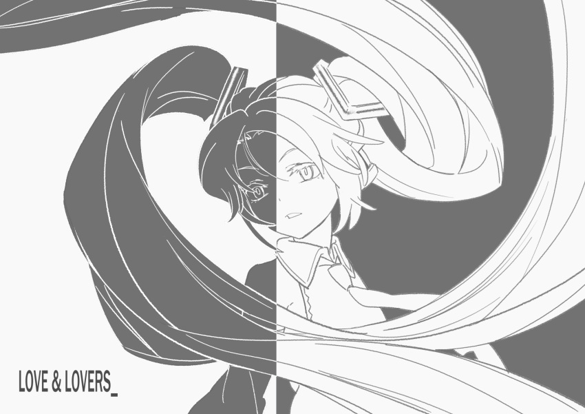 1girl collared_shirt commentary_request empty_eyes english_text expressionless floating_hair grey_theme hair_ornament hatsune_miku headphones highres inverted_colors kakeami long_hair looking_to_the_side monochrome necktie parted_lips shirt sleeveless sleeveless_shirt solo song_name symmetry twintails upper_body ura-omote_lovers_(vocaloid) very_long_hair vocaloid