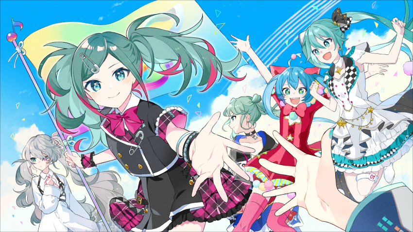 25-ji_miku 6+girls absurdres ahoge animal_ears aqua_hair arms_up black_jacket black_shirt black_skirt blue_eyes blue_hair blue_nails blue_sky bracelet buttons cat_ears checkered_clothes checkered_vest double-breasted dress flag frilled_skirt frilled_sleeves frills grey_hair hatsune_miku highres holding holding_flag jacket jewelry leo/need_miku long_hair looking_at_viewer more_more_jump!_miku multicolored_hair multiple_girls multiple_persona omutatsu pink_hair pink_thighhighs pov project_sekai red_dress school_uniform shirt skirt sky streaked_hair thigh-highs twintails very_long_hair vest vivid_bad_squad_miku vocaloid white_dress white_vest wonderlands_x_showtime_miku